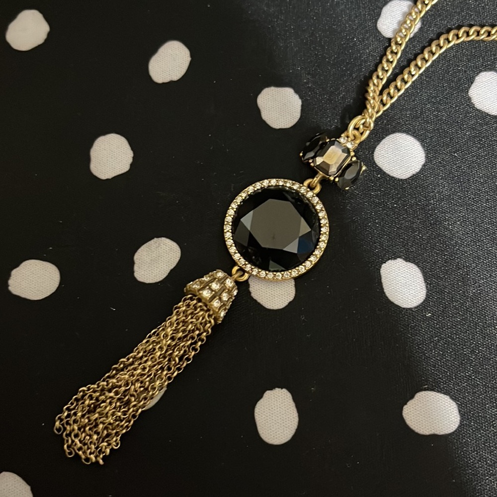 J Crew Black and Gold Sparkly Fringe Pendant Necklace—NWT